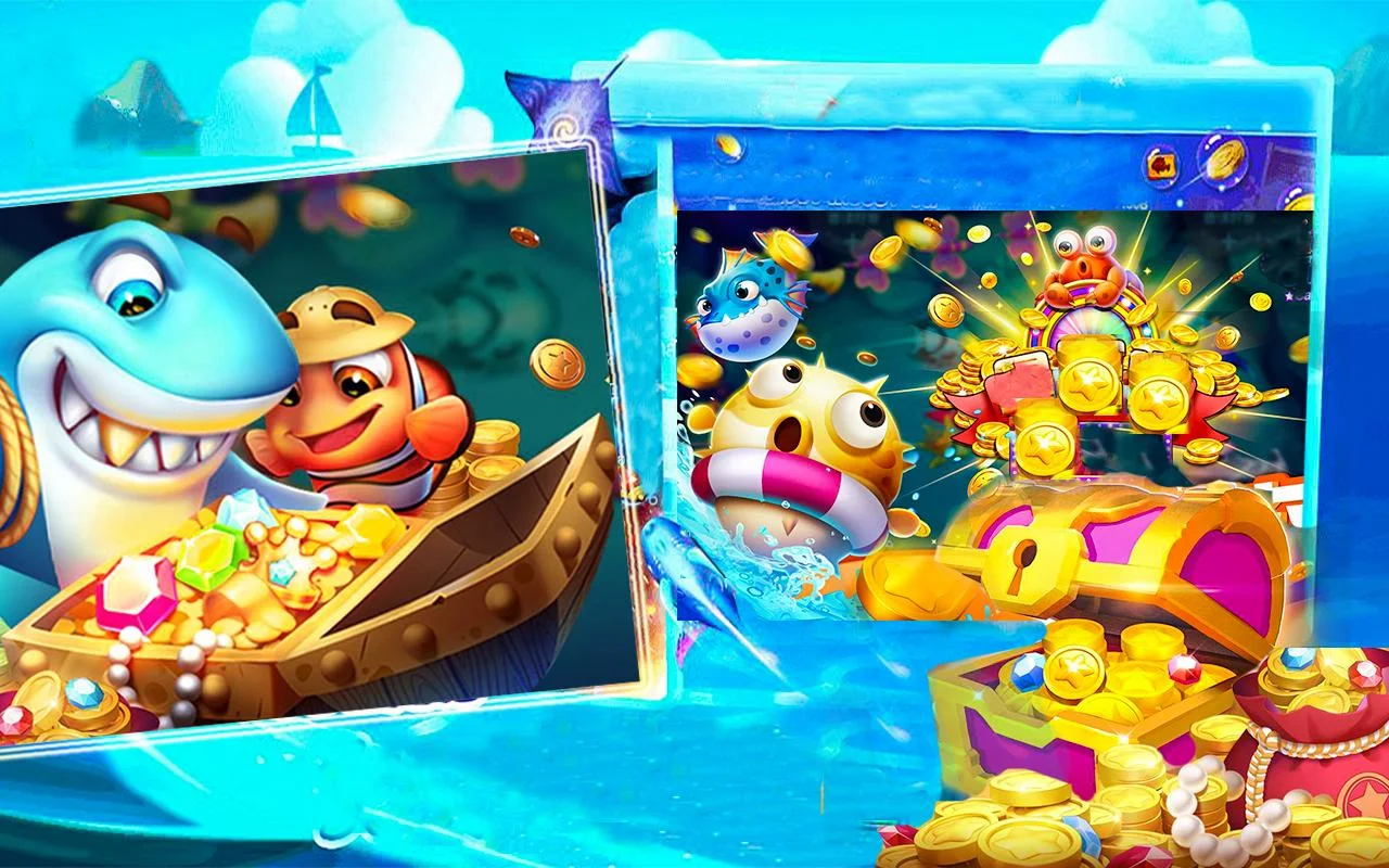 ฉากเกมยิงปลาที่มีปืนใหญ่และปลาใต้น้ำเคลื่อนผ่านหน้าจอ